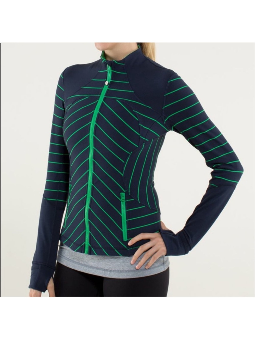LULULEMON Forme Cuffins Striped Jacket Navy Green Size 10 - Picture 1 of 4